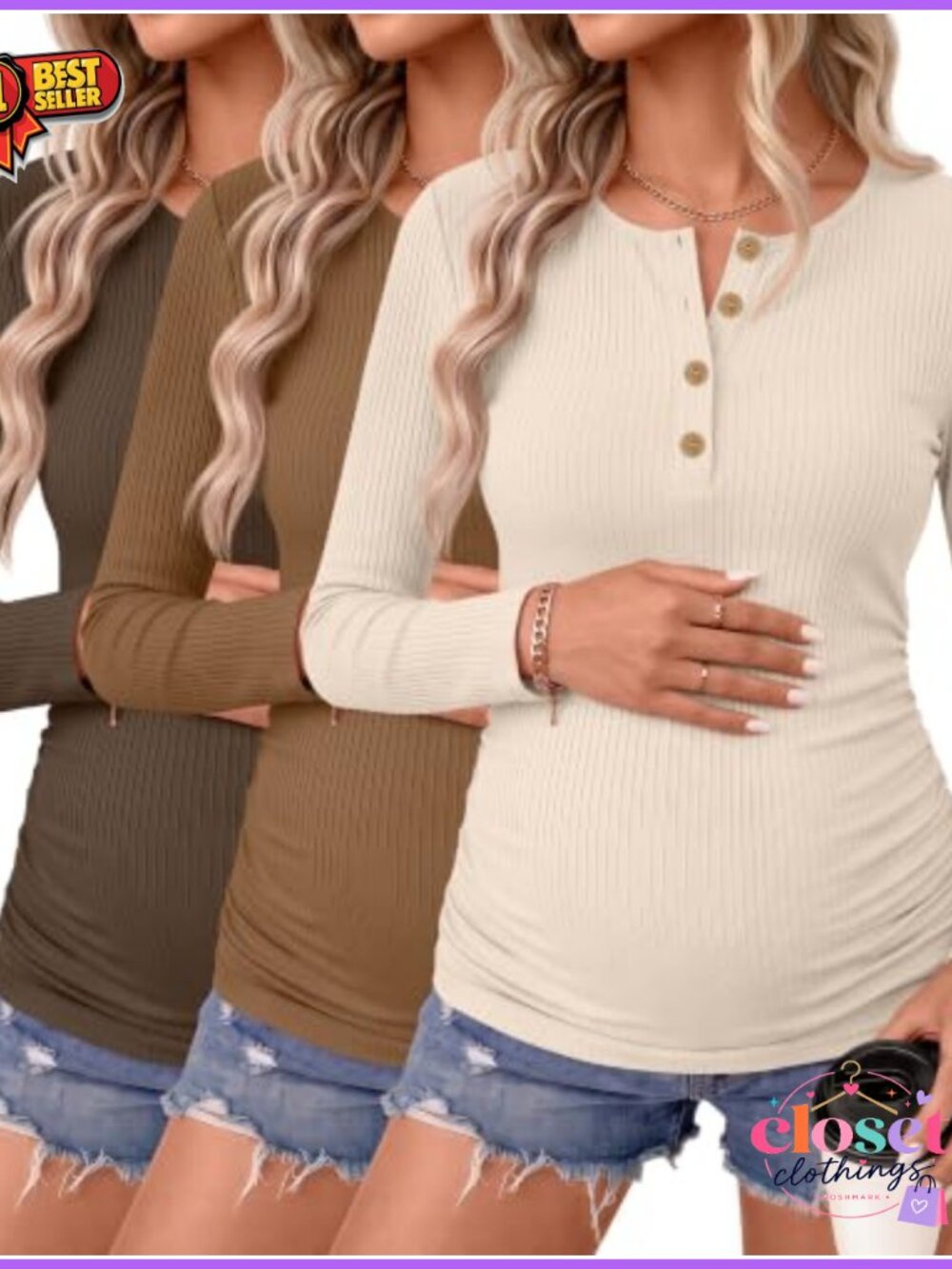 Maternity Long Sleeve Henley Shirts 3 Pack Cotton Spandex Pregnancy Tops